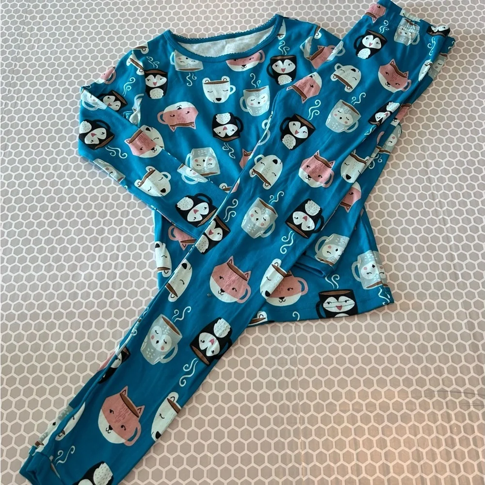 Just For You Kids Teal Blue Animal Mug Print Pajama Set Size 10
